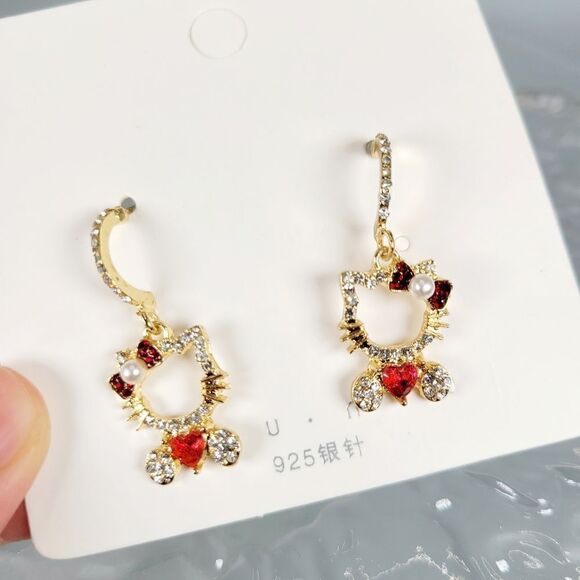 Brand New S925 Silver Rhinestone Hello Kitty Red Heart Earrings - Picture 3 of 7